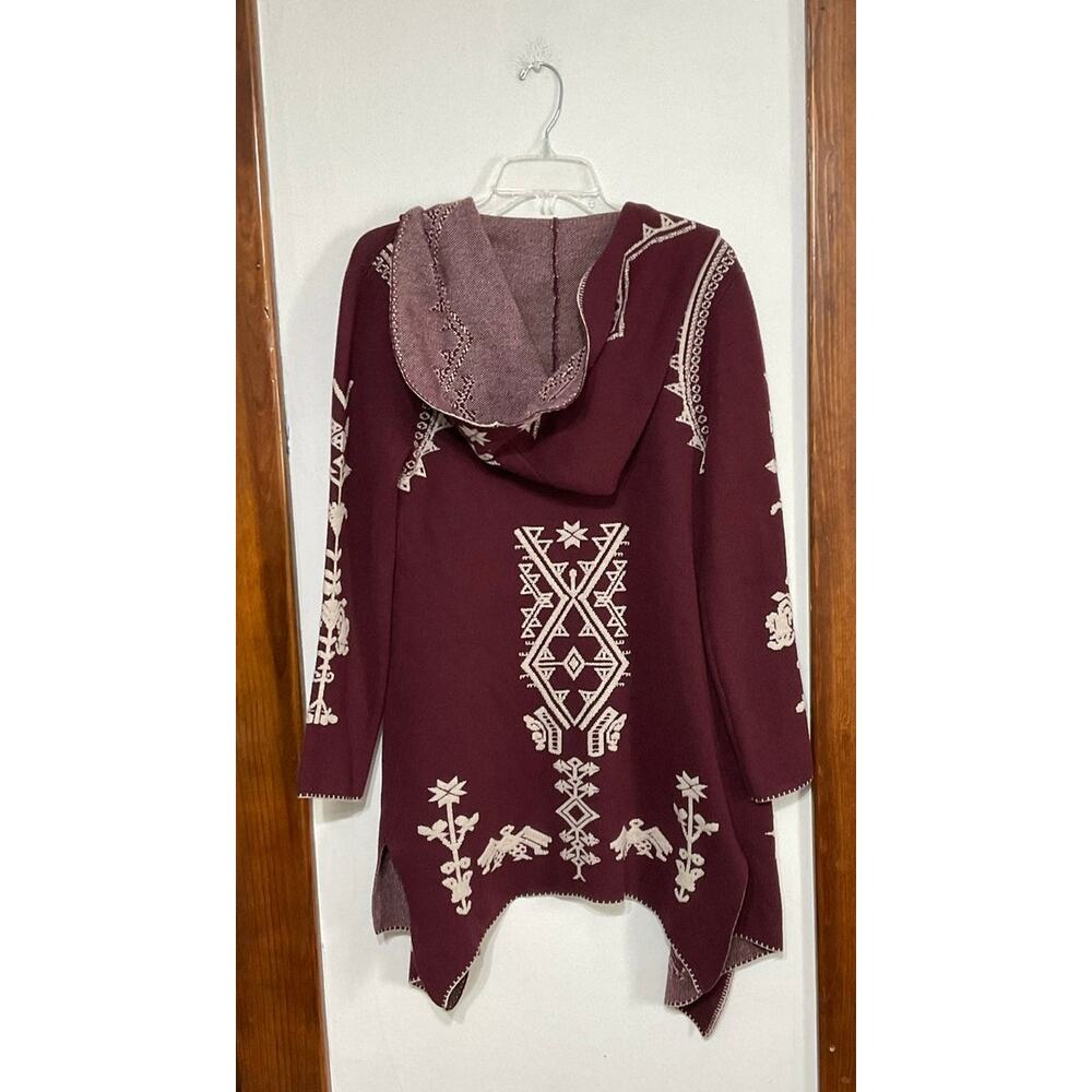 MAXSPORT Open Front Hooded Wool Cardigan Sweater Women Size Small Red/Cream Boho - Picture 9 of 9